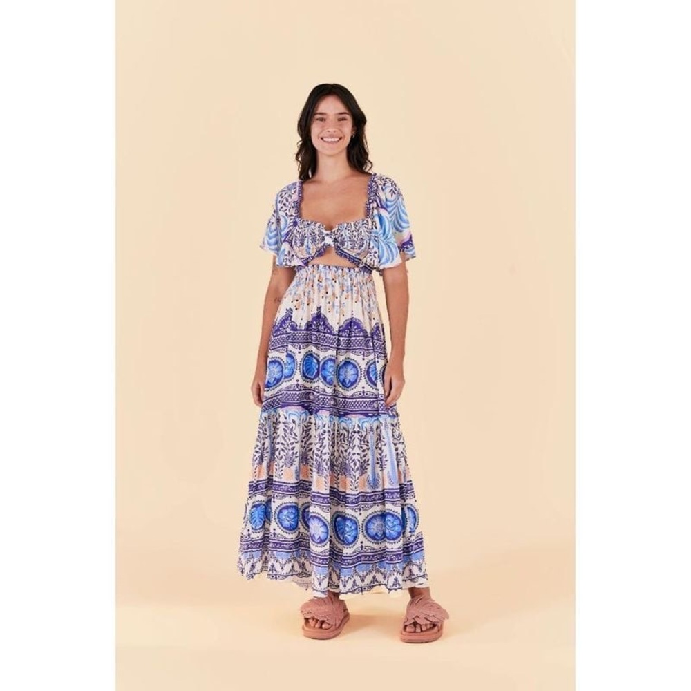 FARM Rio Blue and White Tiered Maxi Sundress size small